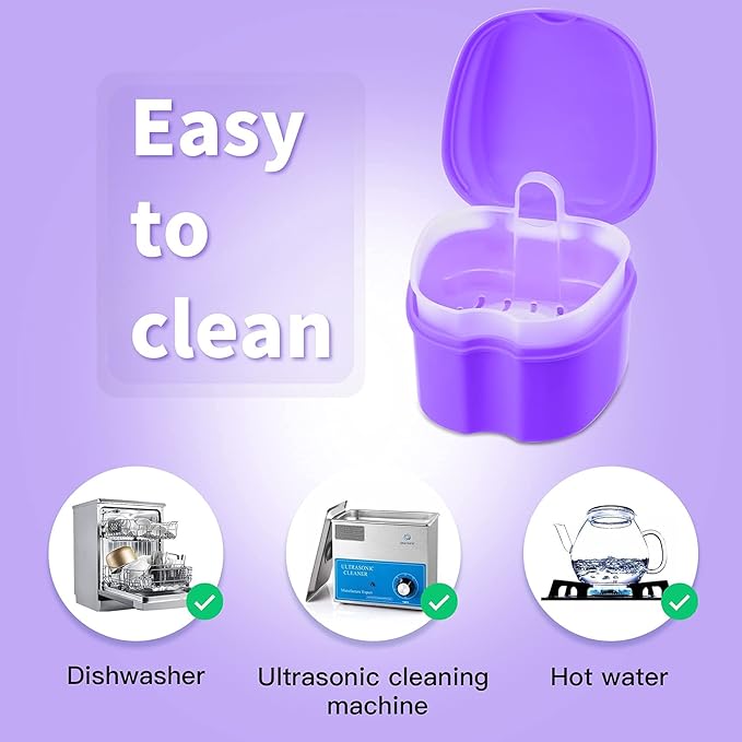 Denture Soaking Cup Dental Retainer Case Cleaning with Strainer Basket, Orthodontic Bath Box Mouthguard Storage Holder - Purple