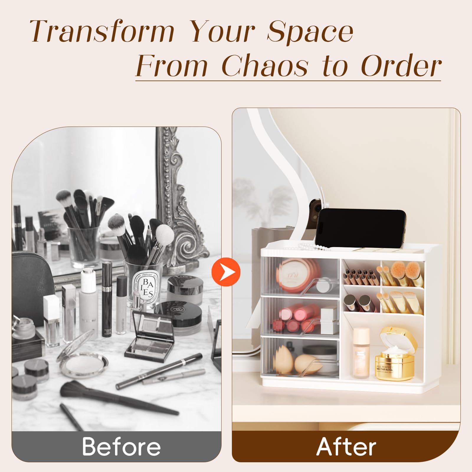 Small Makeup Organizer with Drawers, Stackable Bathroom Couneter Organizer with Phone Holder, Versatile Vanity Organizer Countertop, Cosmetic Organizer for Makeup Brush, Skin Care, Lotion -White,1Pack