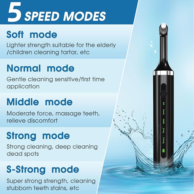Plaque for Teeth Whitening Tools Electric Tartar Polishing Cleaning Kit with LED Light 5 Speed Modes with 5 Replacement Brush Heads (Black)