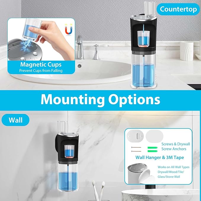 Automatic Mouthwash Dispenser for Bathroom, 2500mAh Electric Touchless Black Mouthwash Dispenser with Magnetic Cups, 20 Oz Wall Mounted/Countertop Mouthwashs Dispensers for Kids & Adults