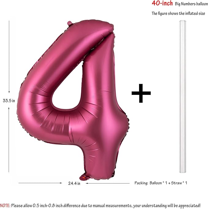 Number 4 Balloons 40 Inch Wine Red Burgundy Foil Helium Large Balloons for Birthday Party Anniversary Decorations（Digital 4）