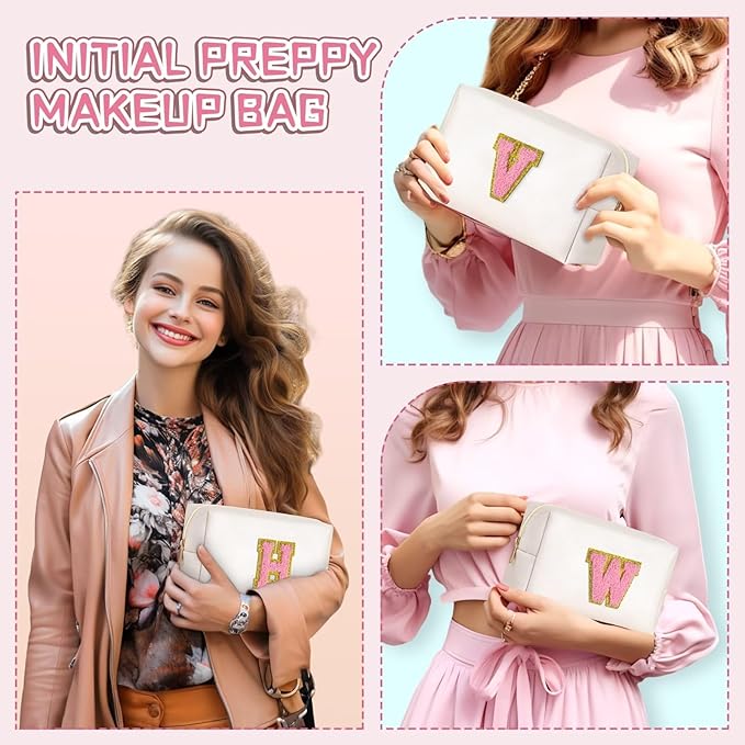TOPEAST Personalized Birthday Gifts for Women, Preppy Patch Makeup Bag, Chenille Letter Pouch Cosmetic Bag, Travel Organizer, Gifts for Friends Cute Stuff for Women (Pearly White L)