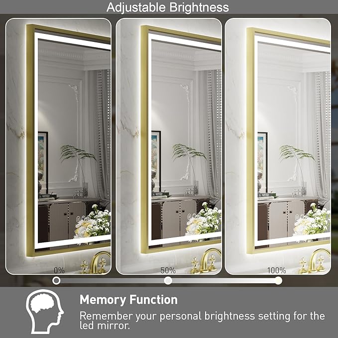 24X36 Inch Led Bathroom Mirror,Frontlit & Backlit Lighted Mirror,Gold Metal Frame Vanity Mirror for Wall,Double Lights Strips,Anti Fog Stepless 3 Colors Temperature & Dimmable