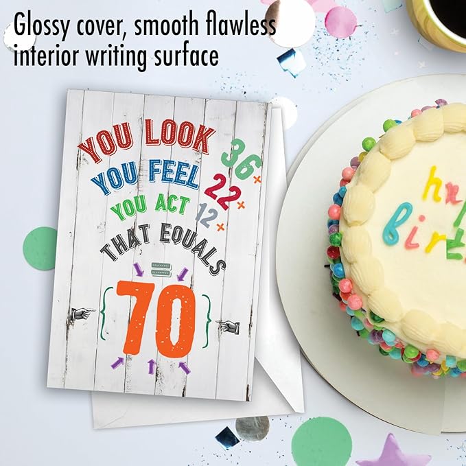 NobleWorks - 70th Birthday Card Funny - 70 Year Old Humor Notecard, Milestone Birthdays Celebration - Age Equation 70 C9000MBG