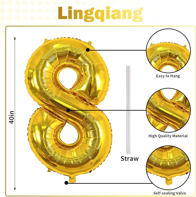 80th Birthday Balloons - Giant Gold Mylar Foil Number 80, Self Inflating, Helium Balloons for Men & Women's 80th Anniversary Party Decorations