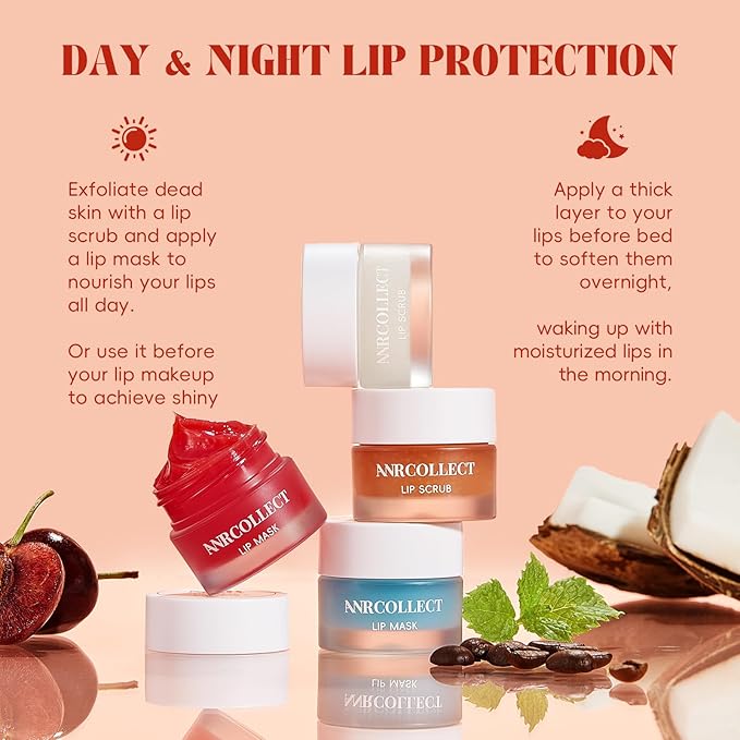 Lip Scrub and Lip Mask Set- Lip Treatment Care Kit with 2 Lip Exfoliator Scrub & 2 Lip Butter Mask, Intense Hydration Set for Dry Chapped Cracked Lips (4 Pack)