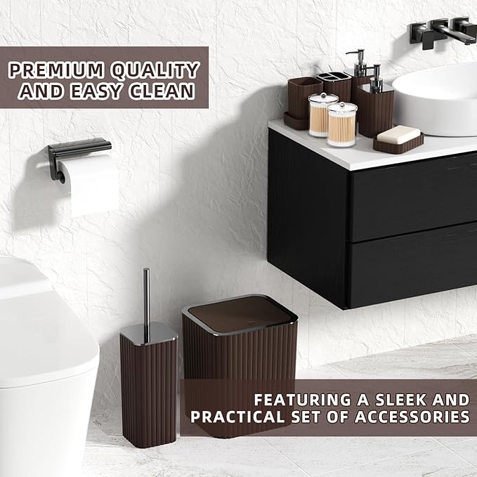 Bathroom Accessories Set - Gorgeous Bathroom Set, 10PC Brown Bathroom Accessories, Bathroom Accessory Set, Toilet Brush, Trash Can, Qtip Holder Dispenser & Soap Dispenser