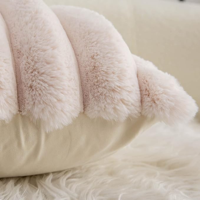 Neelvin Beige Faux Fur Cozy Soft Striped Decorative Throw Pillow Covers 18x18 inch Set of 2,Velvet Pillowcase Cushion Case for Sofa Couch