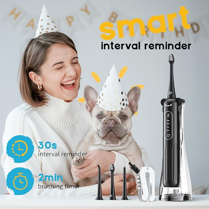 Dog Tooth Brushing Kit, 3-in-1 Dog Electric Toothbrush with Water Flosser, Dog Teeth Cleaning Tools with 3 Modes, Deep Cleaning Kit for Dogs and Cats, IPX7, 1100mAh Battery, Black