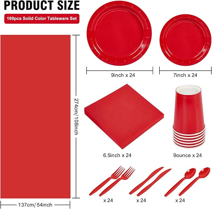 Ottin 169PCS Red Christmas Party Supplies for 24 Guests – Disposable Paper Plates, Napkins, Cups, Forks, Knives, Spoons & Tablecloth for Birthday, Wedding, Thanksgiving, Christmas, and New Year