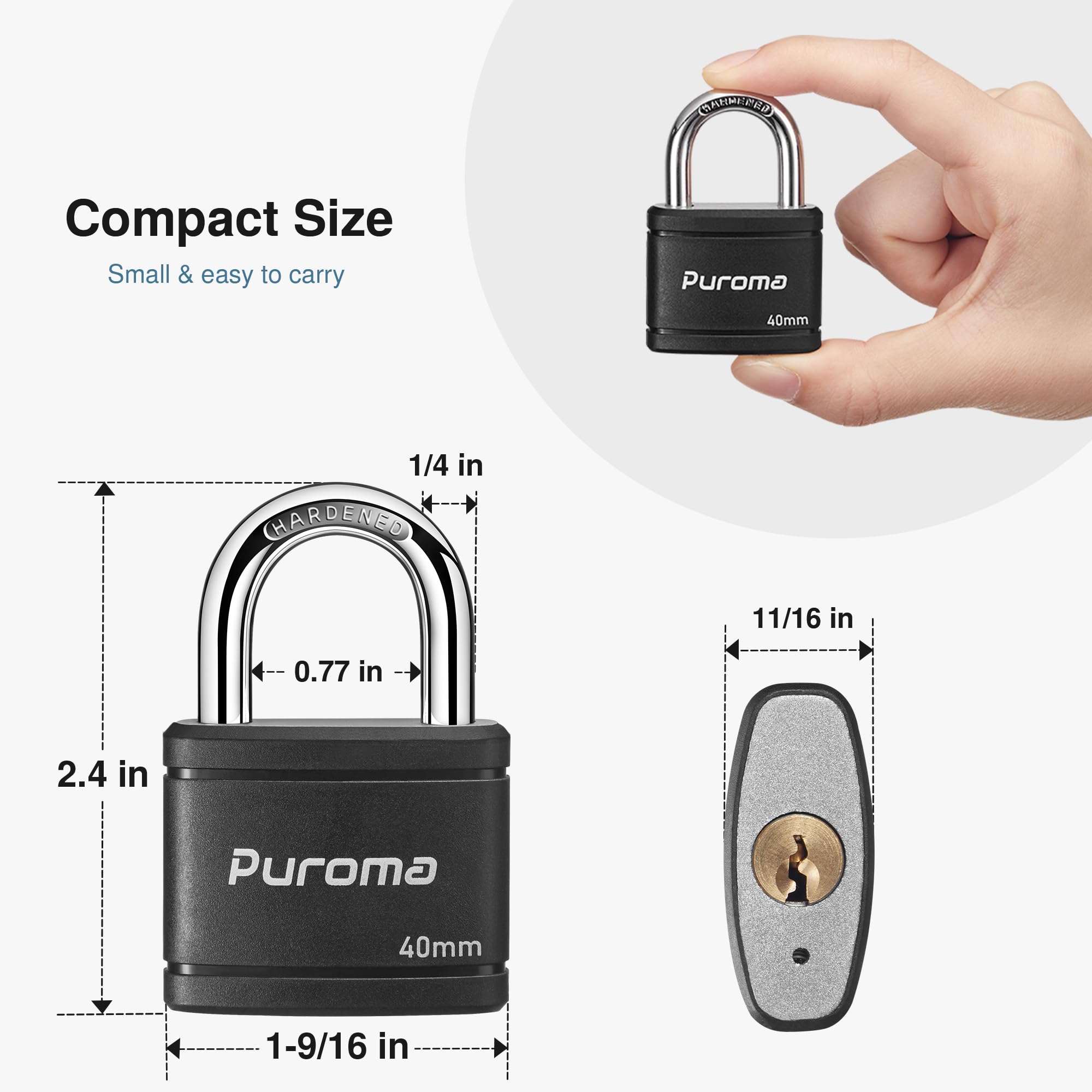 Puroma 4 Pack Keyed Padlock with 6 Keys Alike, 1.1 Inch Locker Lock 40mm Heavy-Duty Locks for Gate Fence Hasp Cabinet Toolbox School Gym Locker (Black)