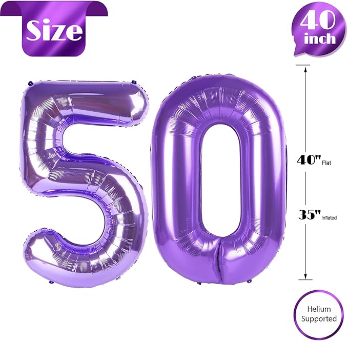 50 Balloon Number, Purple Number 50th Birthday Balloons 40 Inch, 50 Years Old Purple Birthday Decorations for Men Women, 50th Anniversary Decorations
