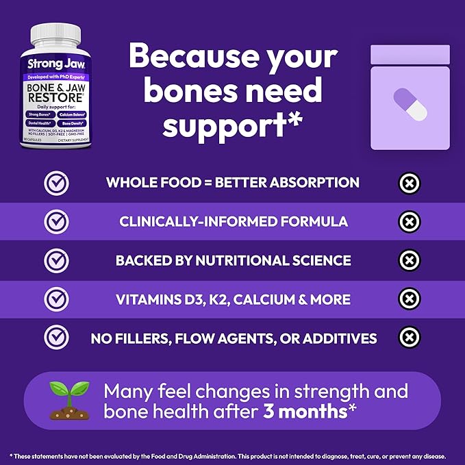Bone & Jaw Restore – Calcium Supplements with Vitamin D3, K2 & Magnesium | Non-GMO | Bone Builder & Nutrition Support for Women & Men | Density Support Formula | 180 Capsules Bottle