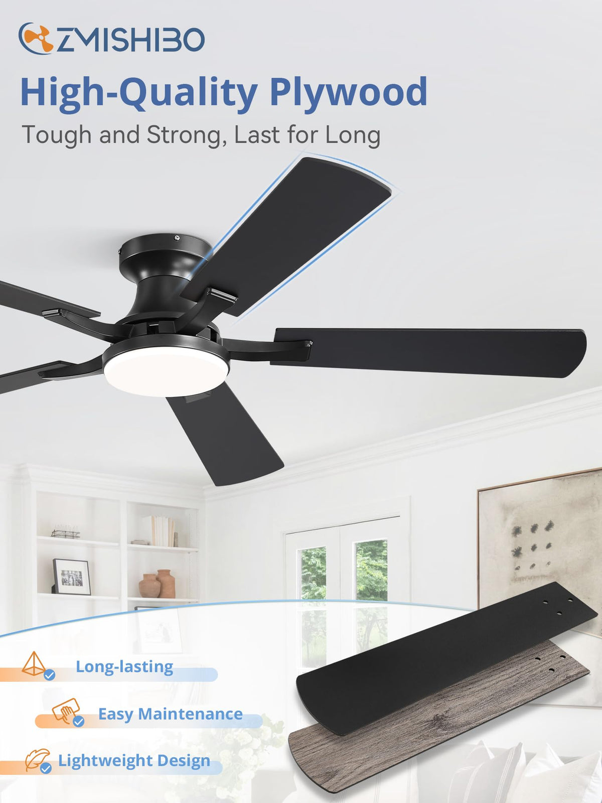 ZMISHIBO 52 Inch Ceiling Fan with Light, App&Remote Control, Flush Mount Low Profile, Dimmable 20W LED Light, Quiet Reversible Motor for Bedroom, Living Room, Apartment, Black