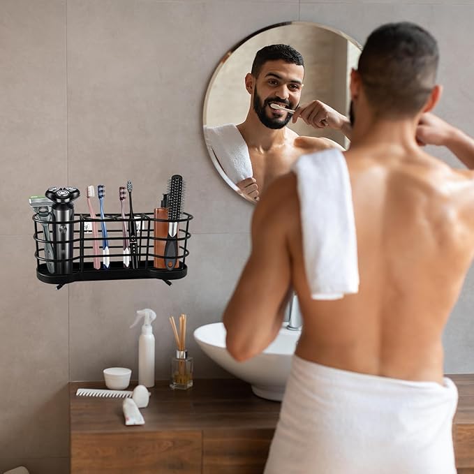 Wall Mount Toothbrush Holder for Shower Stainless Steel Toothbrush Stand, Self-Adhesive Wallmount/Countertop 4 Slots Bathroom Accessories Organizer (Black)