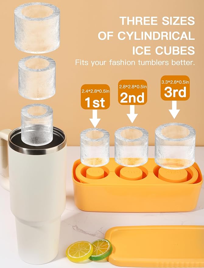 Ice Cube Tray for Tumbler Cup 30Oz-40Oz, 3 Pcs Silicone Cylinder Ice Mold with Lid and Bin for Freezer, Easy Fill and Release Ice Maker for Whiskey, Cocktail BPA-Free (Yellow, 40Oz-Type1)