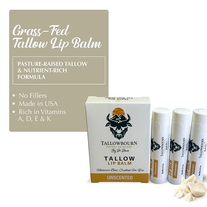 Moisturizing Tallow Lip Balm – Grass-Fed Beef Tallow with Organic Coconut Oil, Beeswax, and Vitamin E – Unscented Lip Balm Set – Travel Essential - 3-Pack