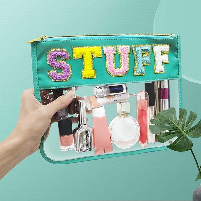 Chenille Letter Clear Travel Zipper Pouch Nylon Makeup Bag, Preppy Makeup Bag Clear Cosmetic Toiletry Bag, Water-proof Makeup Travel Pouch Snack Bags for Women (Green-Stuff)