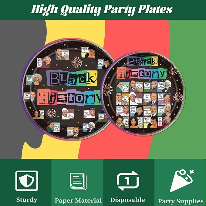 Rakuto Black History Month Decorations Tableware, 96PCS Juneteenth African American Famous People Disposable Paper Plates and Napkins Decoration, Happy June African Themed Party Forks Decor