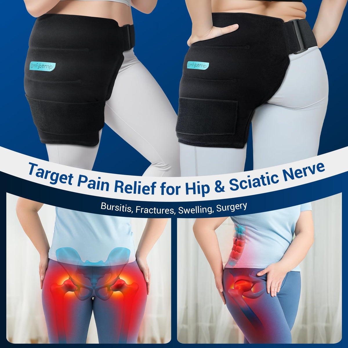 Comfytemp Hip Ice Pack Wrap for Sciatica Pain Relief, Hip Replacement After Surgery, Reusable Gel Ice Pack for Injuries, Hot Cold Compress Recovery Items Physical Therapy Men Women, Black (L/XL/2XL)