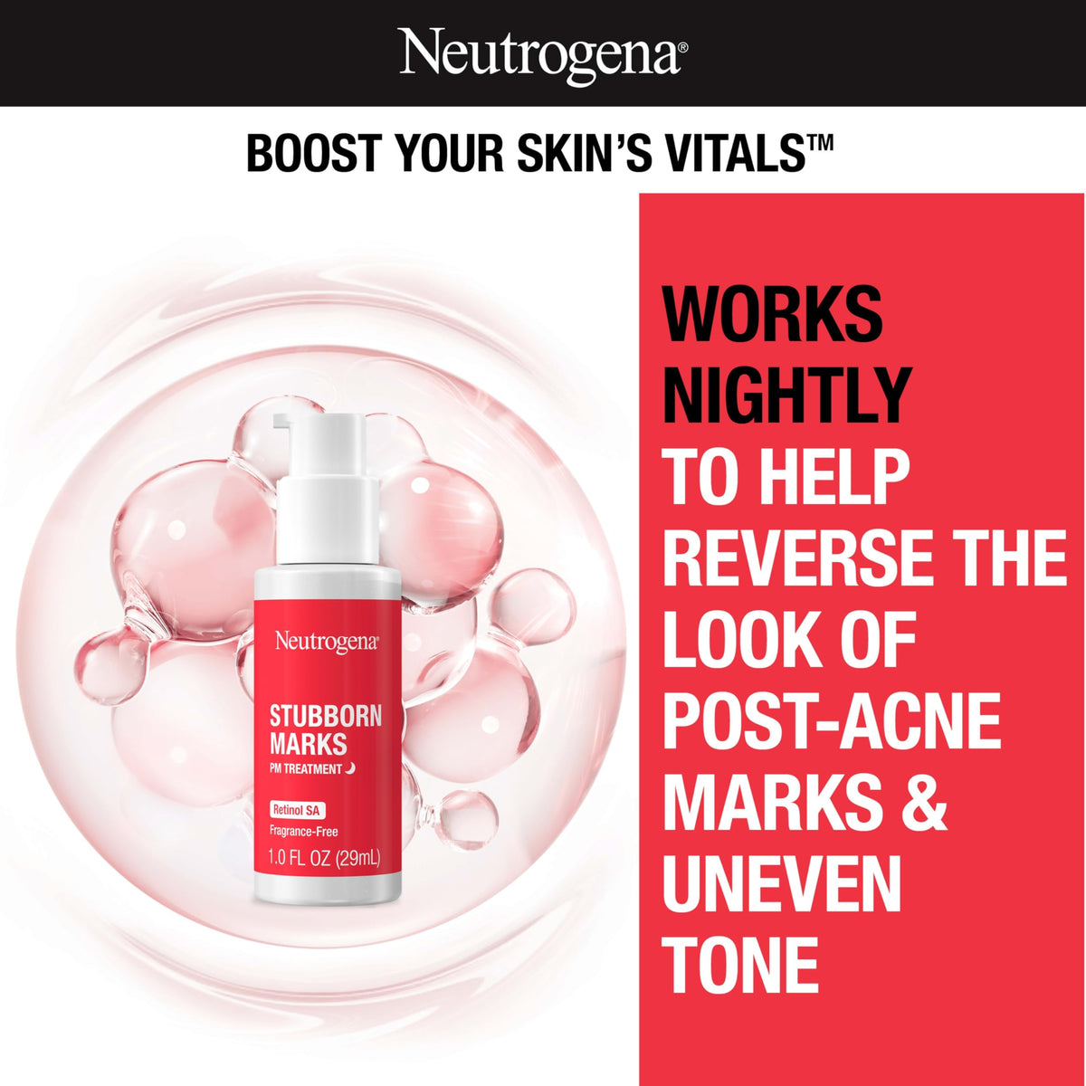 Neutrogena Retinol SA, Stubborn Marks PM Treatment, Face-Exfoliating Treatment to Help Reverse the Look of Post-Acne Marks & Uneven Skin Tone, Non-Comedogenic, PM Treatment, unscented, 1.0 Fl Oz