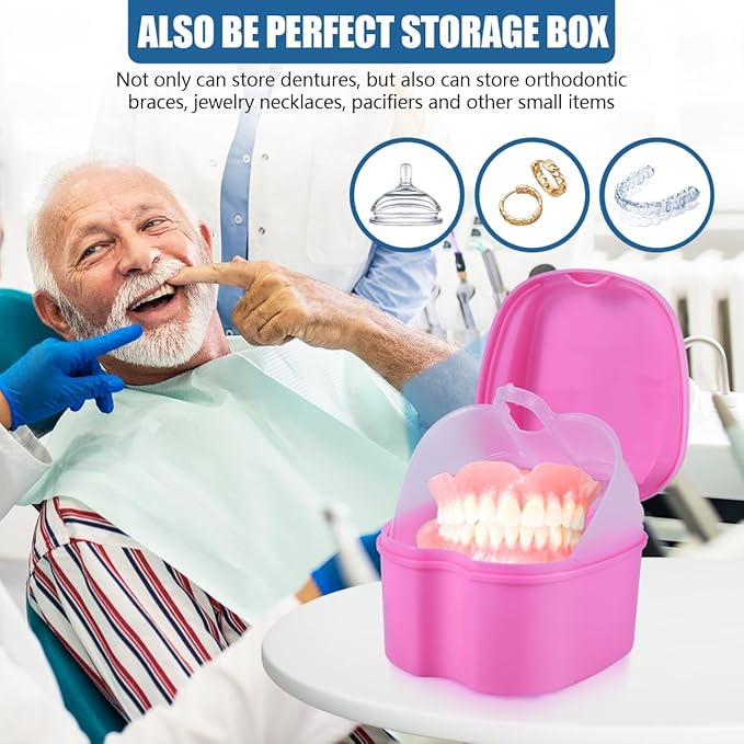 2 Pack Denture Bath Case Cup Box Holder Storage Container with Denture Cleaner Brush Strainer Basket for Travel Cleaning (Light Blue and Pink)