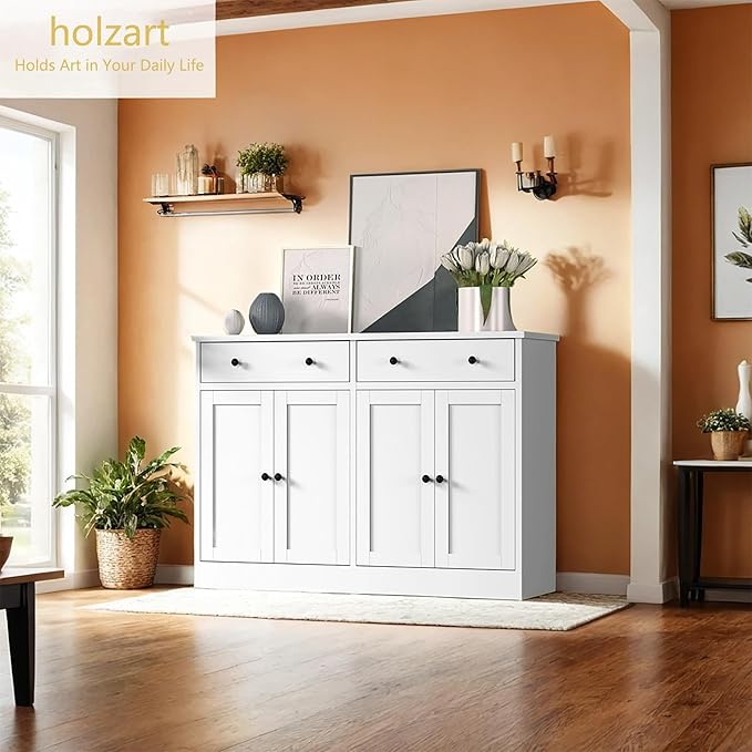49" White Buffet Cabinet with Doors & Drawers, Modern Kitchen Storage Sideboard, Coffee Bar Console for Dining Room, Living Room, Entryway
