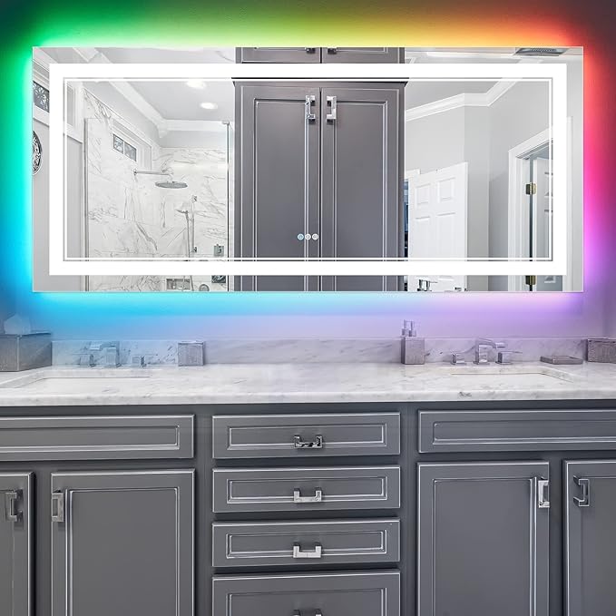 72x32 Inch Bathroom LED Vanity Mirror with RGB Lights Color Changing Backlit Bathroom Mirror Dimmable Anti-Fog led Mirror for Bathroom (RGB Multicolor Backlit+Adjustable Front-Lighted)