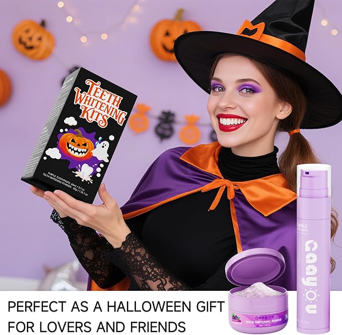 Teeth Whitening Powder Purple Teeth Whitening Kits Natural Tooth Powder Halloween Theme Favors Gifts Set Powder Toothpaste for Men Women Tooth Stain Removal