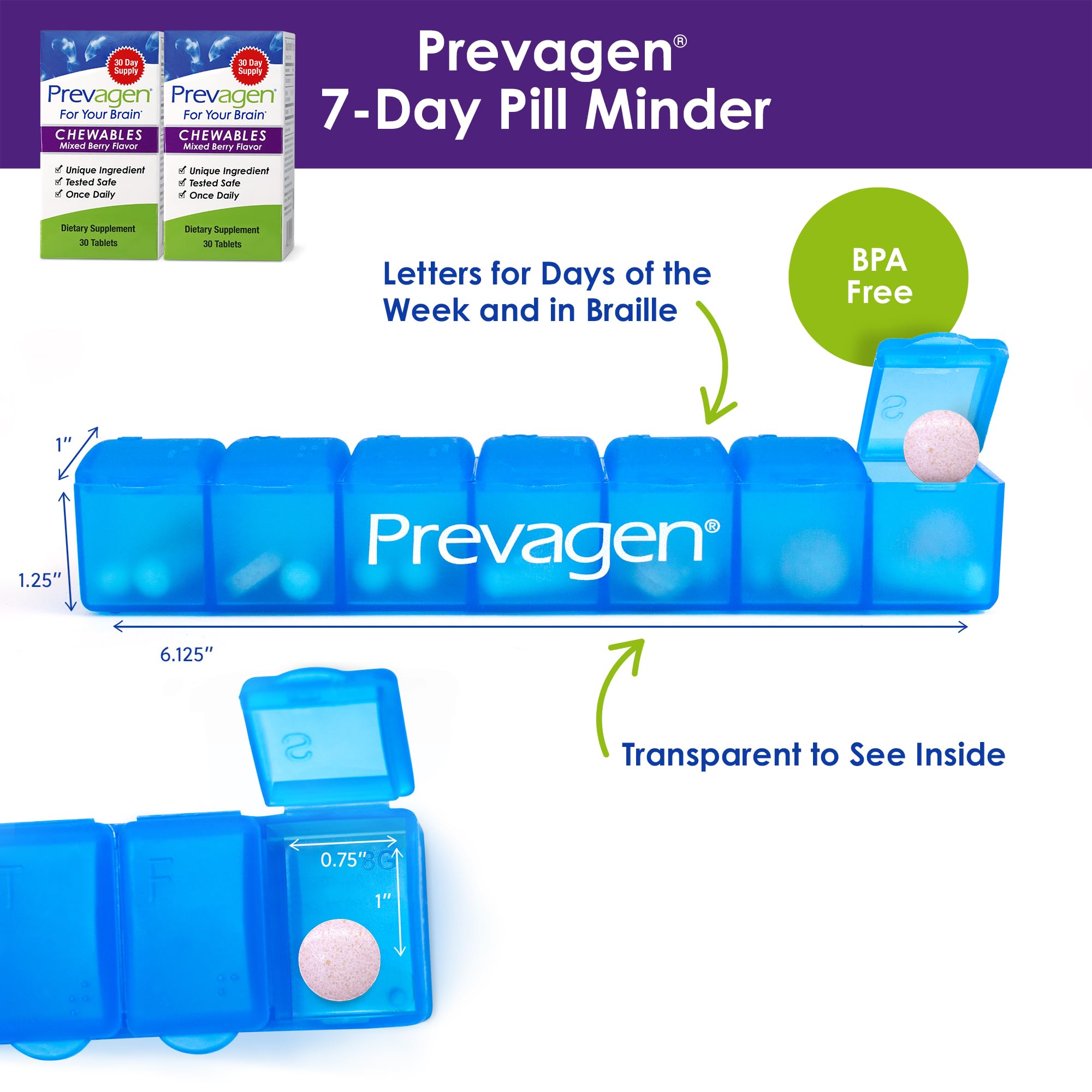 Prevagen Regular Strength Mixed Berry Chewables - 60 Tablets (2 Month Supply) | Formulated for Your Brain | 10mg of Apoaequorin Plus Vitamin D3 with 7-Day Pill Minder