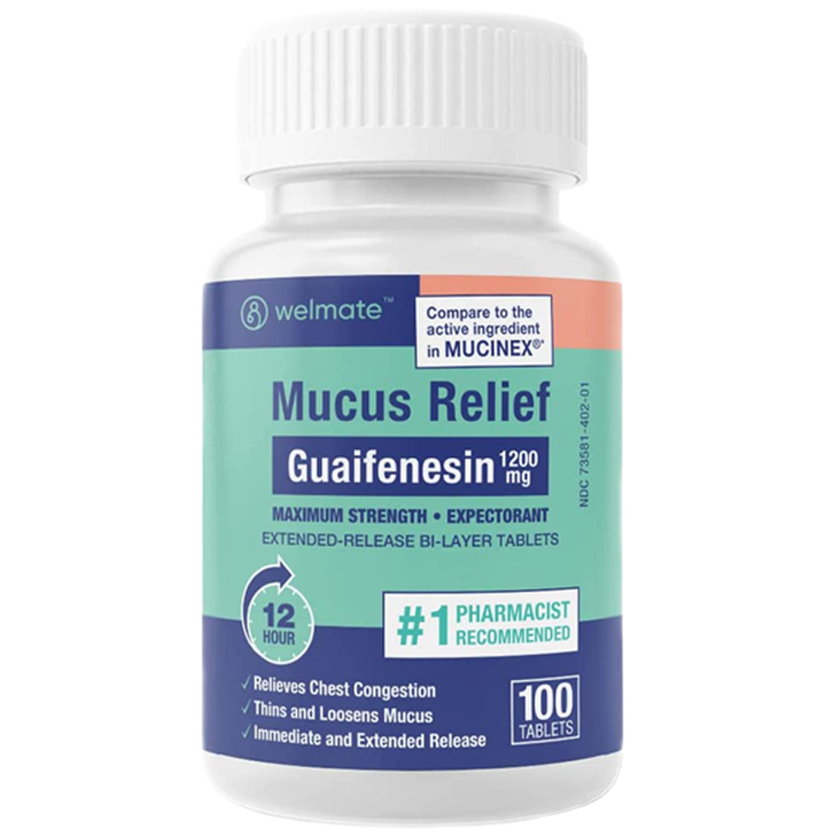 WELMATE - Mucus Relief - Guaifenesin 1200 mg Maximum Strength - Extended-Release Expectorant Tablets - Helps Clear Chest Congestion & Loosen Mucus - 12 Hour Relief - 100 Count