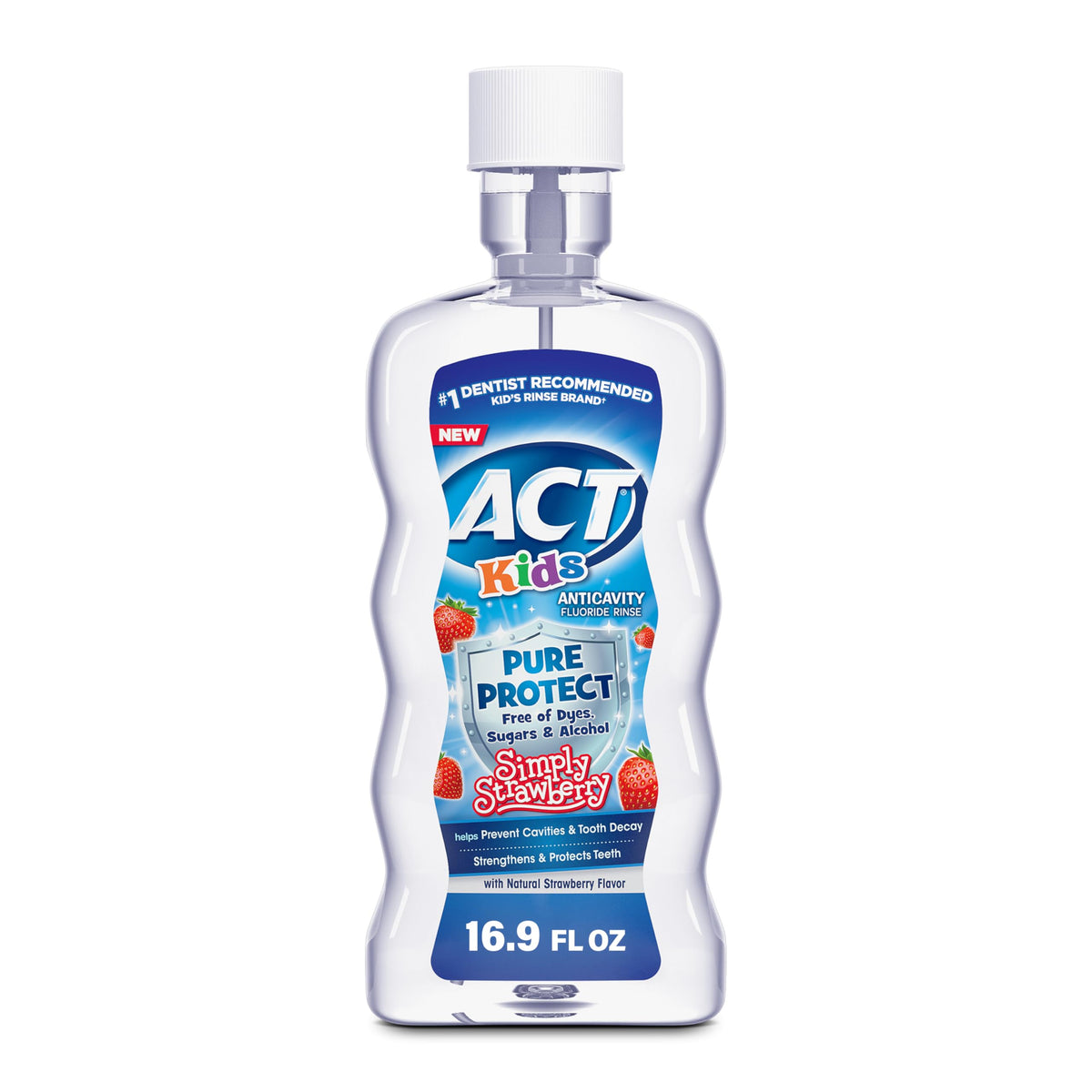 ACT Kids Pure Protect Anticavity Fluoride Mouthwash, Free of Dyes, Sugars & Alcohol, Simply Strawberry, 16.9 fl. oz.