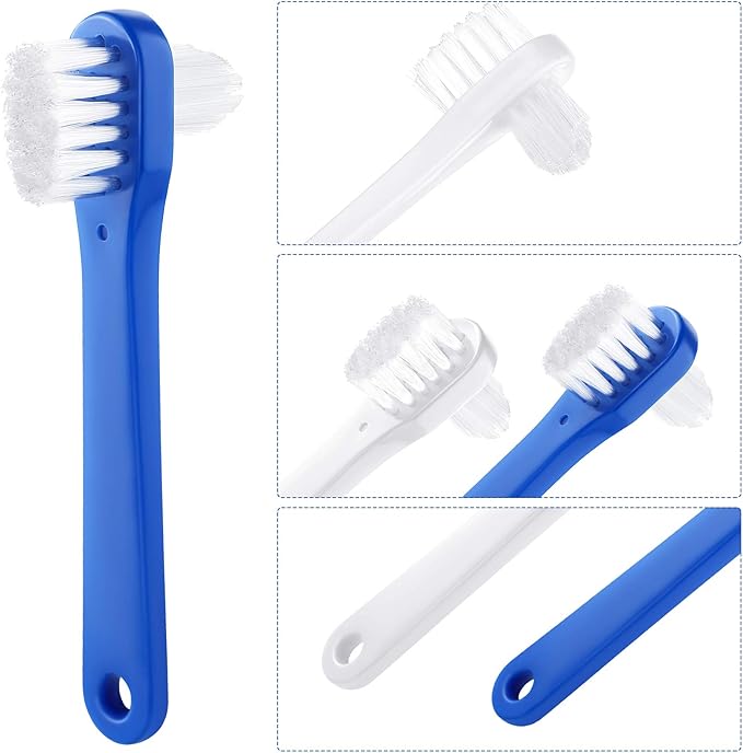 Patelai 6 Pack Denture Cleaning Brush Dual Head Portable Denture Toothbrush Hard Double Sided Multi-Layered Bristles False Teeth Toothbrush for Care Clean Clear Brace Mouth Guard(Blue White,Flat)