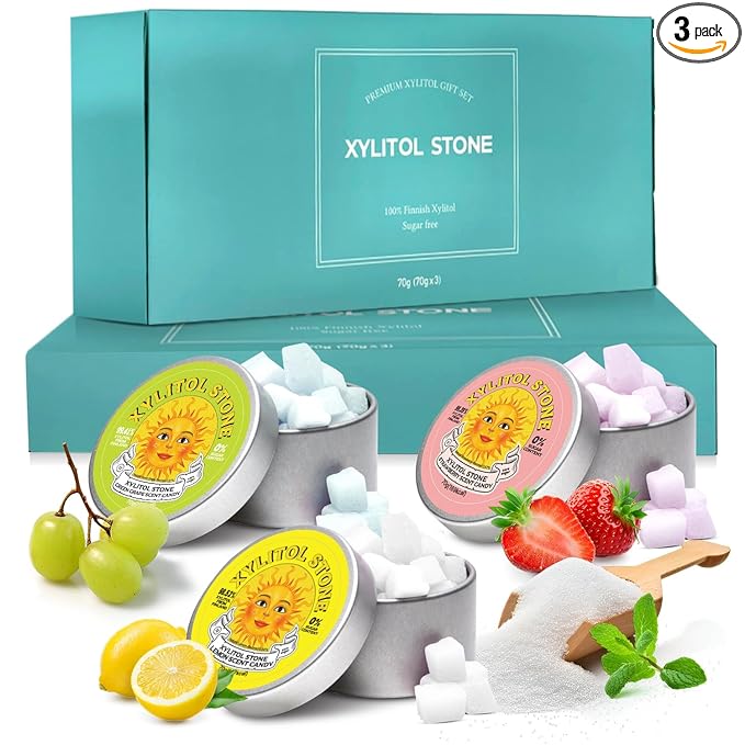 Xylitol Stone Sugar Free Candy - Vegan & Keto Friendly Unique Hard Candy - 100% Natural Flavor Candies - Gluten Free & Non-GMO Breath Freshener Mints - Pack of 3 (Strawberry, Green Grape, Lemon)