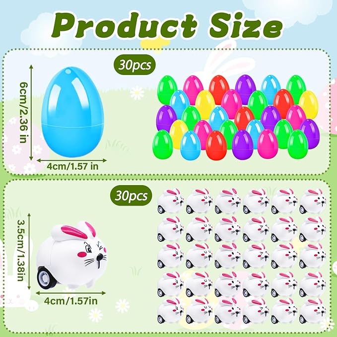 60Pack Easter Eggs with Bunny Pull Back Cars,30 Sets Cartoon Rabbit Vehicles,Easter Basket Filler Stuffers for Party Favors,Classroom Prizes,Birthday Gifts,Kids,Girls,Boys