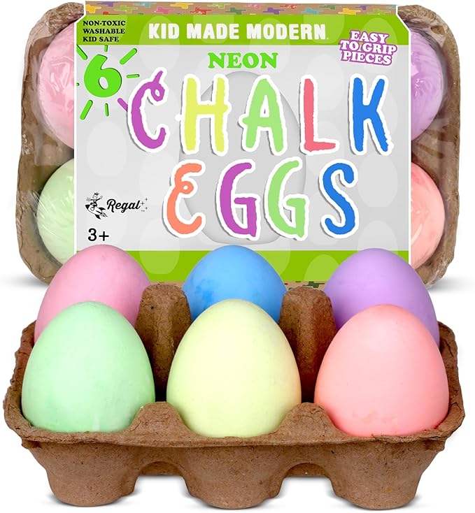 Kid Made Modern Sidewalk Chalk Set for Kids - Washable, Neon Colored Egg Chalk for Outdoor Play and Chalkboard Art - Ages 3+ (6 Pieces, Multicolor)