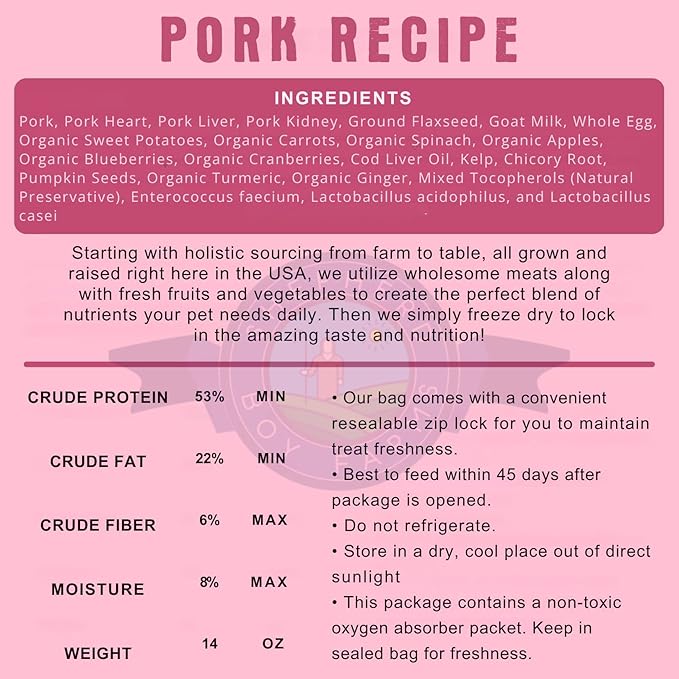 Shepherd Boy Farms Freeze Dried Raw Dog Food, Pork Recipe, All Natural, No Synthetics, Made in USA with Goat's Milk & Organic Produce, High Protein, Complete Meal (14oz)