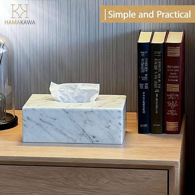 Natural Marble Tissue Box Cover, Carrara White Tissue Organizer 10 x 5.7 x 3.5 inch, Heavy Stone Decorative Box, Rectangle Tissue Box Holder for Home Decor, Kitchen, Bathroom, Bedroom