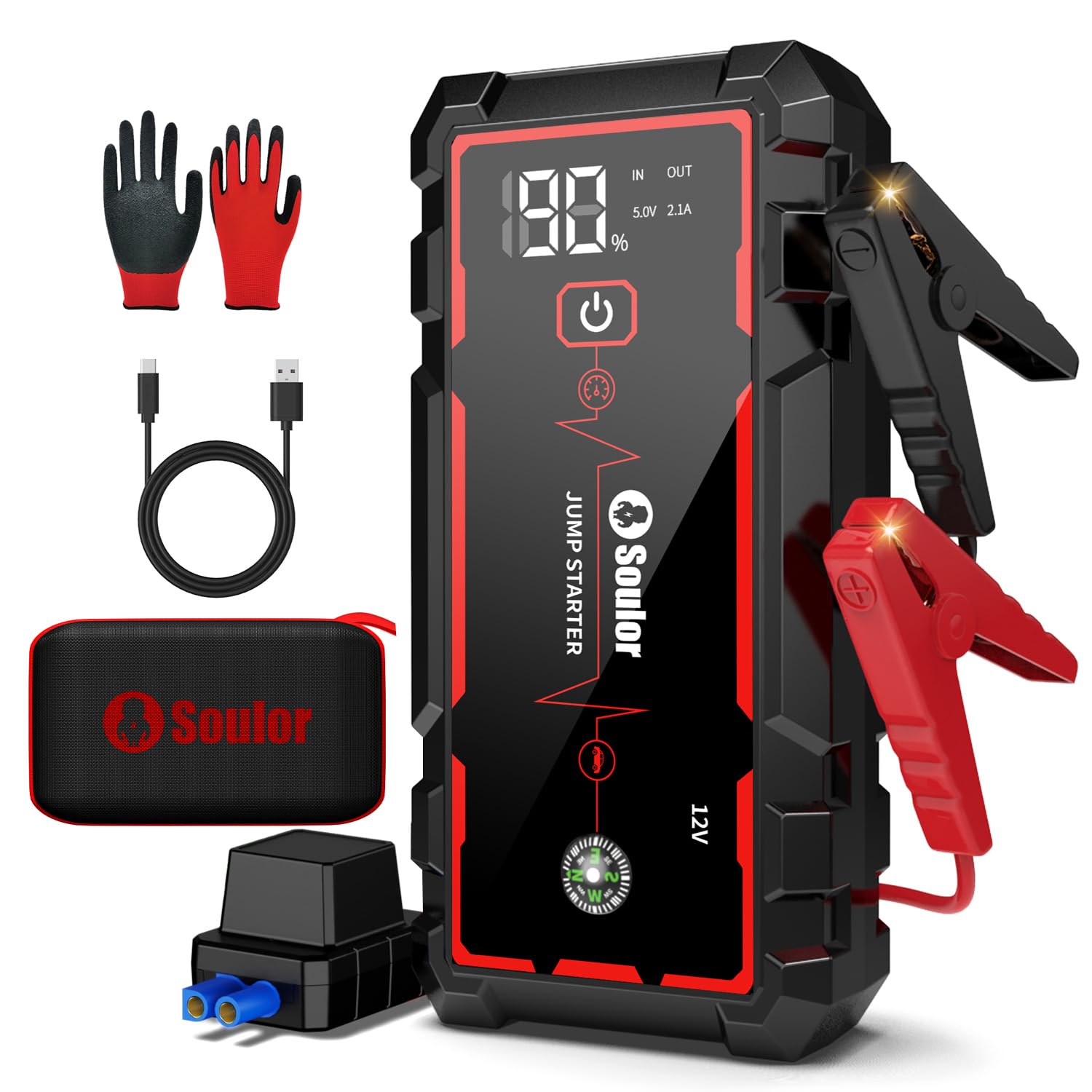 Jump Starter, 5000A Car Battery Jumper Starter Portable, Jump Box Battery Booster with 3 Modes Flashlight, Jumper Cables with Gl