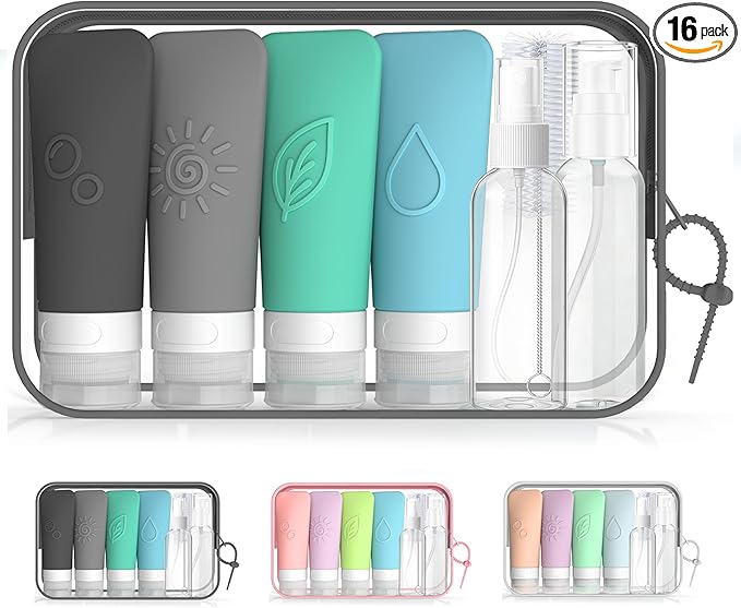 16-Piece Silicone Travel Bottles Set – TSA Approved Leakproof Toiletry Kit with Flat Easy-Squeeze Bottles, Pump & Spray, Waterproof Bag