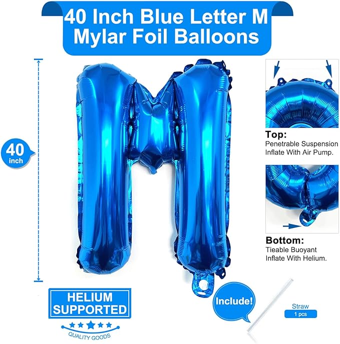 Lovoir 40 Inch Large Blue Letter M Balloons Big Size Jumbo Mylar Foil Helium Balloon for Birthday Party Celebration Decorations Alphabet Blue M