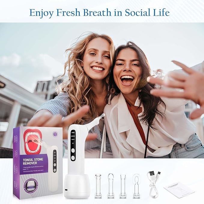 Upgraded Electronic Tonsil Stone Remover,lectronic Oral Care Cleaning Tool Set with 3-Speed Vacuum, 4 Soft Silicone Nozzles & LED Light for Fresh Breath & Comfortable Use (White)