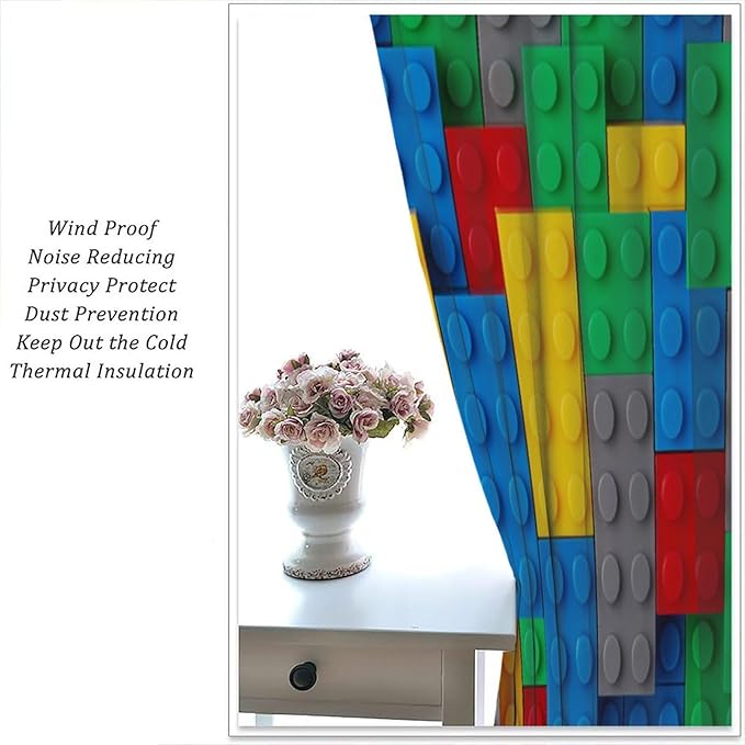 Kids Building Blocks Toy Curtains for Kids Room W42 x L45 Inch Rod Pocket Contour Plastic Colorful Toy Bricks Geometric Print Pattern Curtains for Boys Girls Bedroom 2 Panels