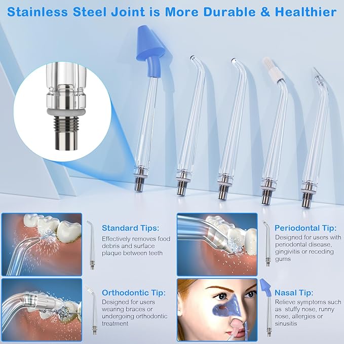 Water Dental Flosser for Teeth Cleaning and Flossing with Travel Size Case – Rechargeable Oral Irrigator, KOOVON Portable Water Flosser for Adults, IPX7 Waterproof, 5 Jet Tips & 4 Modes, Blue