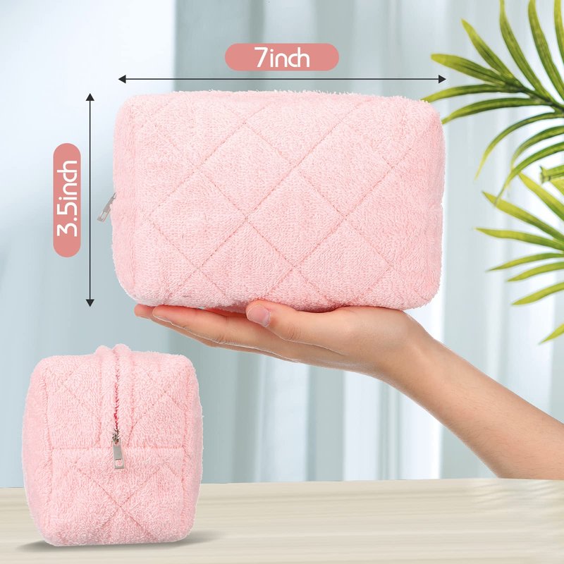 LEIFIDE 4 Pcs Quilted Makeup Bag Pouch Cute Plush Fuzzy Checkered Cosmetic Bag Cotton Terry Cloth Toiletry Pouch with Zipper Portable Travel Organizer Preppy Brush Storage for Christmas Women Gift