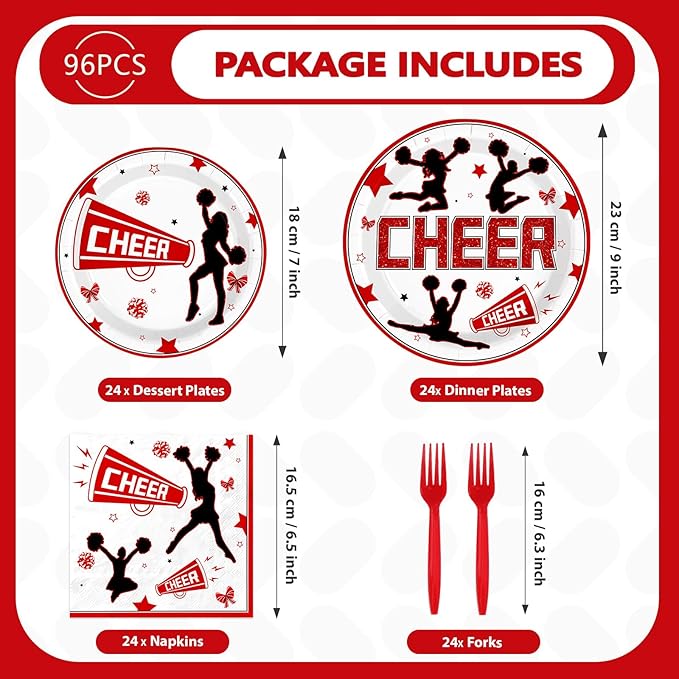 96Pcs Cheerleading Party Supplies Cheerleader and Loudspeaker Plates and Napkins Red Black White Cheerleader Tableware Set for Team Cheer Sports Gymnastics Birthday Party Supplies，Serves 24
