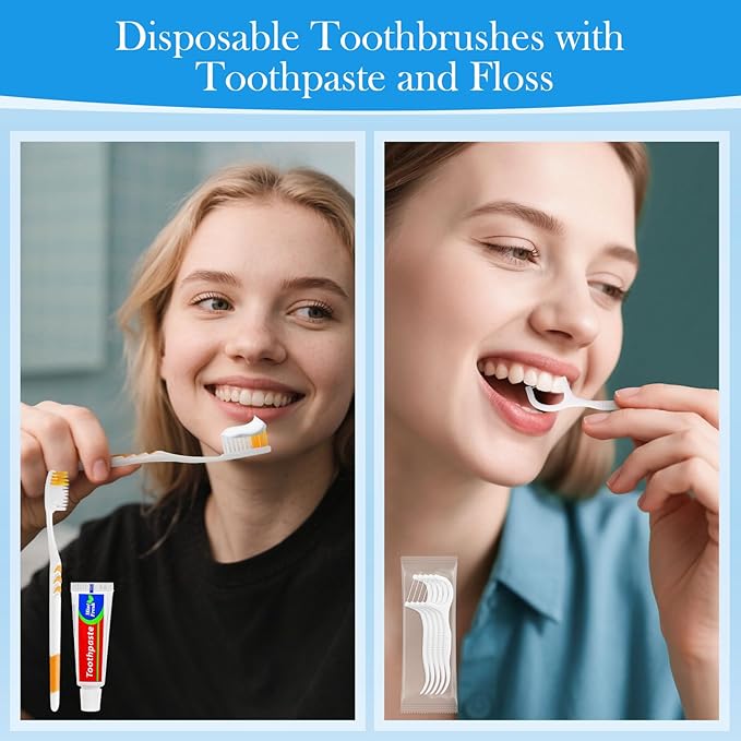 HOIQIRY Disposable Toothbrushes with Toothpaste Set - Pack of 25,Individually Wrapped Personal Hygiene Kits in Bulk 5-in-1 Travel Size Convenience Kits for Hotel,Camping,Guest,Homeless,Charity,Church