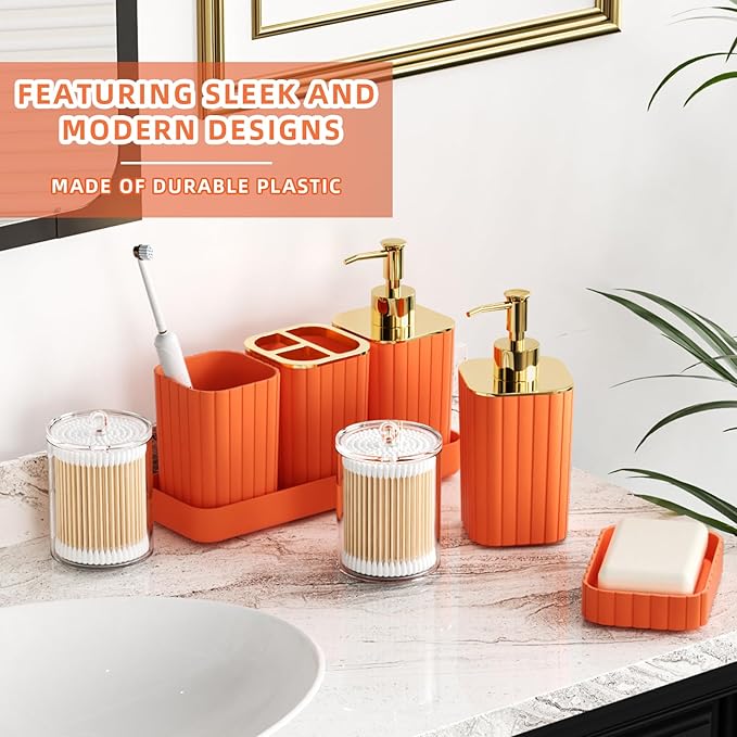 Bathroom Accessories Set - 25PC Bathroom Sets with Shower Curtain and Rugs, Orange Bathroom Accessories with Trash Can, Soap Dispenser, Soap Dish & Toilet Brush