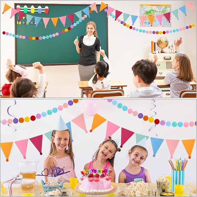 4 Pack 26.3 Feet Colorful Pom Pom Garland Felt Bunting Banner Hanging Decor, Rainbow Ball Decoration for Easter Christmas Tree Classroom Back to School Birthday Party Decorations