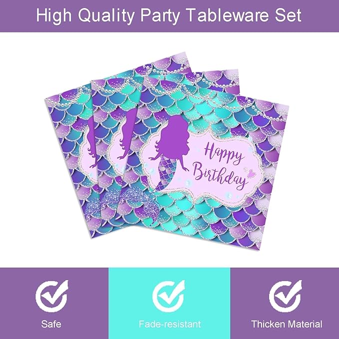 Vanulus 96 PCS Mermaid Birthday Party Supplies Set Mermaid Plates and Napkins Birthday Party Tableware Packs Decorations Little Mermaid Disposable Paper Plates Napkins Forks Serve 24 Guests